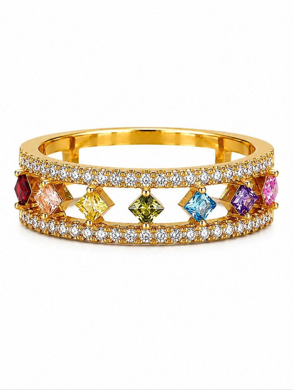 Kaleidoscope Kiss | Multicolor CZ Crystal Cocktail Ring Gold Tone State | Size 7